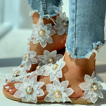 Boem Sandale de Vara pentru Femei Încălțăminte de Moda Casual Florale Perla Sandale Plate Inel de Deget de la Pantofi de Plaja si Sandale Zapatos De Mujer