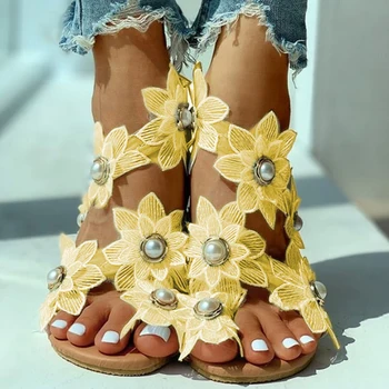 Boem Sandale de Vara pentru Femei Încălțăminte de Moda Casual Florale Perla Sandale Plate Inel de Deget de la Pantofi de Plaja si Sandale Zapatos De Mujer