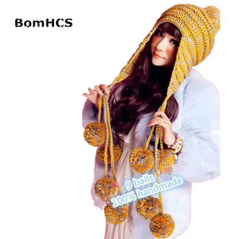 BomHCS Manual Cald Tricotate Femei Fete Earflap Beanie Drăguț Moda Pălărie cu 9 Poms