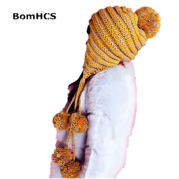 BomHCS Manual Cald Tricotate Femei Fete Earflap Beanie Drăguț Moda Pălărie cu 9 Poms