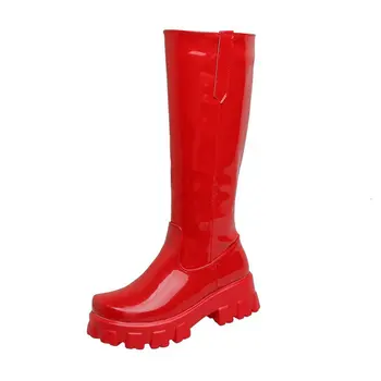 Brand de lux și simplu roșu alb negru brevet PU piele lucioasă goth cizme pentru femei pene platforma tocuri genunchi ridicat cizme chelsea