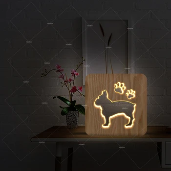 Bulldog francez LED 3D din lemn de Noapte în 7 Culori USB Holograma lemn Decor Lampa de Masa Birou