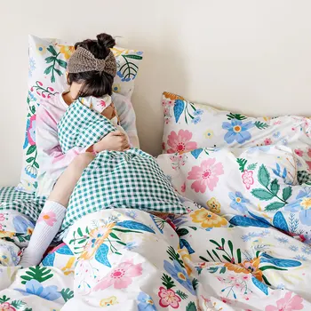Bumbac Carpetă Acopere Set cu fata de Perna Florale Frumoase Grila AB-Side Femei Fete Lenjerii de pat pentru Quilt Mângâietor Twin Queen-Size