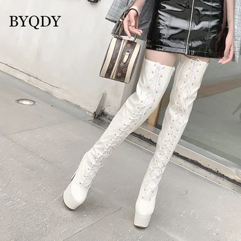 BYQDY de Moda Cizme de Piele Peste Genunchi, Pantofi Femei Dantelă-up Sexy Dans Pol Cizme pantofi cu Toc Gotic Platforma de Încălțăminte