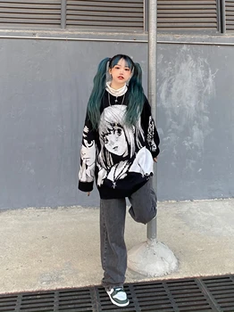 Bărbați Femei Hip Hop Streetwear Harajuku Longsleeve Pulover Vintage Tricotate Pulover Stil Japonez Anime Fata Topuri Haine 2021