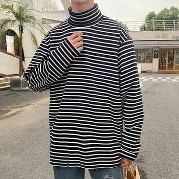Bărbați Mânecă Lungă T-shirt cu Dungi broasca Testoasa-gât de Agrement Chic de Bază High Street Uri Retro Liber XXL Barbati Tricouri coreeană Stil la Modă