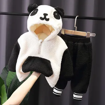 Cald iarna Copii Desene animate Panda Haine Băieți și Fete Copilul Îngroșa cu Gluga Pantaloni 2 buc/seturi Sugari Copii de Îmbrăcăminte Sport