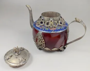 China archaize jad rosu manopera încrustații albe cupru dragon ceainic meserii statuie
