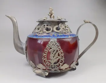 China archaize jad rosu manopera încrustații albe cupru dragon ceainic meserii statuie