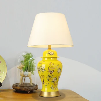 Chineză simplu vaza ceramica decor dormitor lampă de masă galben floare de pasăre pictura lenjerie de pat abajur LED E27 cupru lampa de birou