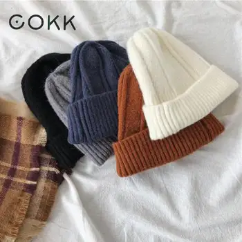 COKK Femei Căciulă de Iarnă Tricotate din Lână Groasă Cald Pălărie de sex Feminin Capota Culoare Solidă Moale Întinde Pălării Beanie Hat 2020 Nou