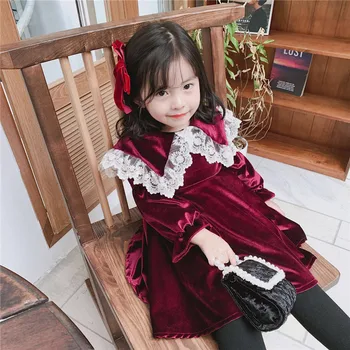Copii Rochie de Toamna 2020 Fata Noua Copilul de Aur Catifea Rochie de Printesa Stil coreean Fetita de Guler de Dantelă Rochii de Petrecere 2-7Y