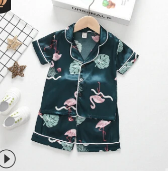 Copil Fată Băiat Pijama, Camasa De Noapte Cu Maneci Scurte Tricou De Vara Set V-Neck Rever Flamingo Frunze De Imprimare