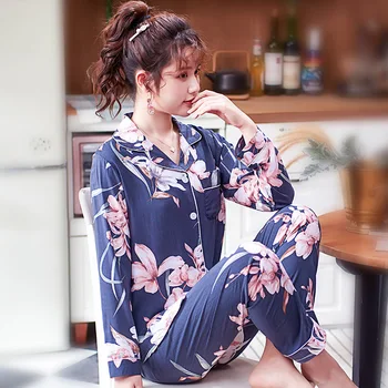Coreea De Bumbac, Mătase Imprimate Pijamale Femei Primavara Vara Toamna Cu Maneci Lungi Pantaloni Subțiri Acasă Sleepwear Costum De Pijama Femei