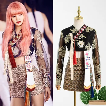 Coreea de Epocă Broderie Perspectivă Camasa cu Maneca Lunga Bluze + a-line Mini Fusta Două Bucata Set Kpop Star Femei Haine
