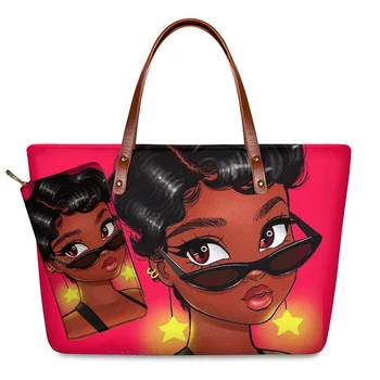 Customzied de Brand, Design de Lux Genti Femei Negru de Artă Africană Fata de Imprimare 2 buc/set Geanta si Portofel Femei Top-Saci Mâner