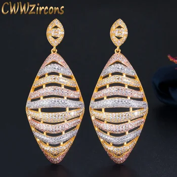 CWWZircons Strălucitor Timp Mare Gol Afară Geometrice de Zircon Cubic 3 Tone de Aur Femei Petrecere de Logodna, Cercei Bijuterii de Lux CZ673