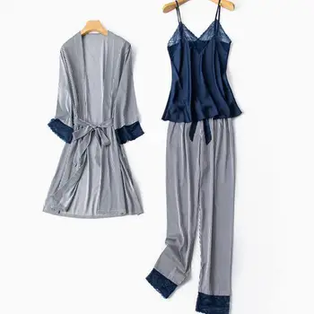 Dantela 3PCS Satin Halat Femei Seturi Stripe Pijamale Lejere Casual Kimono-Halat de Baie Lounge îmbrăcăminte de noapte pentru femei V-neck Sexy Lenjerie Intima
