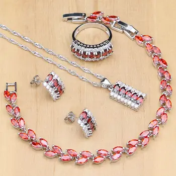 De lux Argint 925 Seturi de Bijuterii Roșu Cubic Zirconia Alb Crystal Bijoux Kituri Pentru Femei Cercei/Pandantiv/Colier/Inele/Bratara