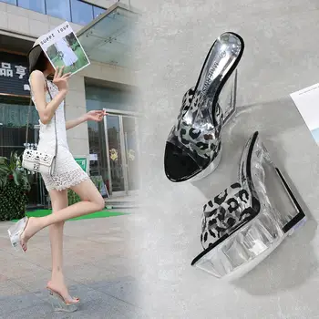 De înaltă Calitate de Agrement Femei Pantofi Papuci de Vara Cristal Transparent Podium Model de Pantofi de Mireasa cu toc 14cm Pantofi Pene
