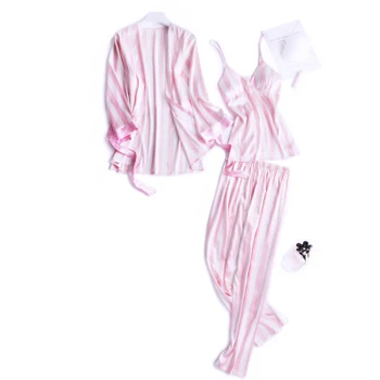 De înaltă Calitate din Satin Pijama Seturi Pentru Femei cu Maneca Lunga cu Dungi Sleepwear Cami Top+Pantaloni+Roba 3PCS Elegant Pijamale Sexy Homewear