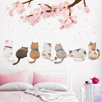 Desene animate Pisici Animale Autocolant Perete DIY Flori de Cires Decalcomanii de Perete pentru Dormitor Copii Copil de Cameră Decor Acasă