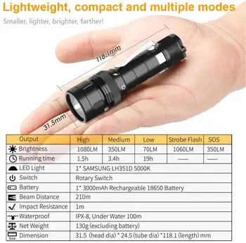 DF10 Scuba Diving 18650 Lanterna LED-uri LH351D 1080lm Subacvatice Felinar rezistent la apa IPX8 Proiector Portabil Compact Lanterna