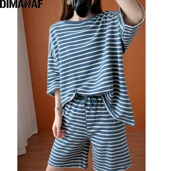 DIMANAF Vara Plus Dimensiune Seturi de costume pentru Femei de Îmbrăcăminte de sex Feminin Topuri Tricou, pantaloni Scurți Pantaloni Largi Casual, din Bumbac Moale, cu Dungi Seturi Albastru