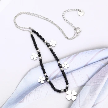 Din Oțel Inoxidabil Patru Trifoi Farmecul Colier Pentru Femei Negru Cristal Lanțuri Cravată Colier Bijoux Collier Moda Bijuterii 2019