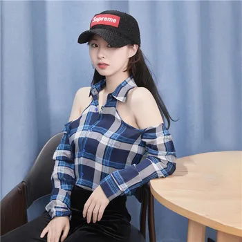 Dioufond Drăguț Stil coreean de Pe Umăr Bluza Carouri Femei Chic cu Maneca Lunga Tricouri de Vară 2020 Noi Topuri de Moda S-2XL