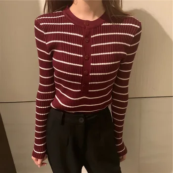 Dungi tricot cu Nervuri Pulovere pentru Femei Subțire O-Gat Buton Maneca Lunga Femei Pulover 2021 Moda Streetwear-coreean de Top Lady