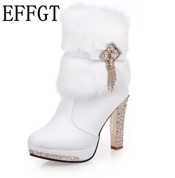 EFFGT 2019 noua moda Tocuri inalte Blana de Iepure, Cizme Femei Pluș Încălzește cizme Impermeabile Taiwan Diamant ciucure Glezna Cizme