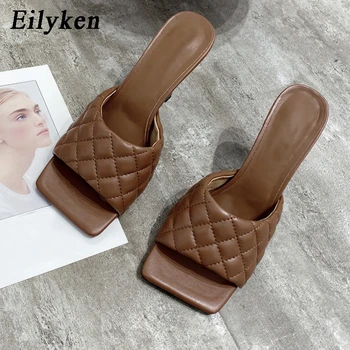 Eilyken Piele Moale de Design de Vara Femei Catâri Papuci Elegant Cap Pătrat Tocuri inalte Doamnelor în aer liber de Agrement Tobogane de Pantofi