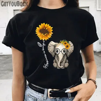 Elefant de Floarea-soarelui Amuzant Negru Femei, tricou Fata O de Gât Harajuku Animal 90 Topuri Tee Haine de sex Feminin,Picătură Navă