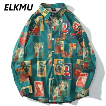 ELKMU Streetwear Epocă Camasi Barbati Maneca Lunga Moda Vintage Imprimare Tricouri, Jachete de Toamna Hip Hop Hawaiian Beach Bluza HE315