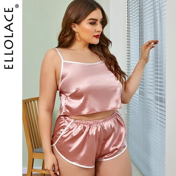 Ellolace Plus Dimensiune Sleepwear Faux Mătase pentru Femei, Pijamale pentru Femei Haine de Acasă Somn Topuri Acasă Costum Roz de cămașă de noapte, Pijamale Femei
