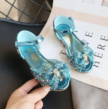 Elsa Printesa Copii Sandale Din Piele Pentru Fete De Flori Casual Sclipici Copii Toc Plat Pantofi Fete Nod Albastru Roz Sandale De Argint