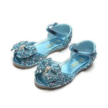 Elsa Printesa Copii Sandale Din Piele Pentru Fete De Flori Casual Sclipici Copii Toc Plat Pantofi Fete Nod Albastru Roz Sandale De Argint