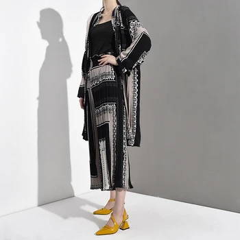 [EWQ] 2021 Nou Primavara-Vara V-Neck Maneca Lunga Negru Model Imprimate Vrac Pantaloni Largi Picior Două Bucata Costum de Moda pentru Femei AE9990