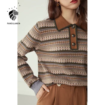 FANSILANEN Polo cu dungi vintage tricotate pulover Femei, cu maneci lungi pulover supradimensionat Femei toamna iarna butonul de sus jumper partea de sus