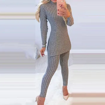 Femei De Moda Margele Partea De Fantă Topuri Cu Maneci Lungi Si Pantaloni Skinny Seturi 2021 Primăvară Elegant, O-Neck Solid Costume Pentru Femei Costume Casual