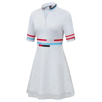 Femei de vară Sport Golf V Stand Guler Talie Mare Rochie de Dantelă Subțire Print Short Sleeve Sport Fusta Moale, alb, pantaloni scurți, Rochii