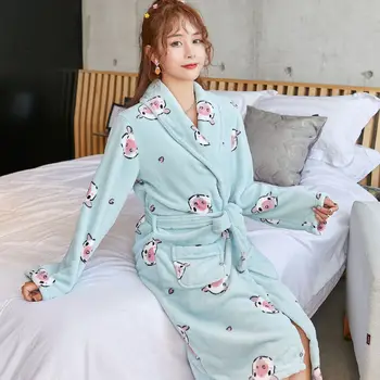 Femei Halate de Flanel Coral Fleece Cald Iarna Cămăși de noapte, Halate de baie Îmbrăcăminte Acasă Confortabil Kimono Gros de Imprimare de la Jumătatea vițel Pijamale