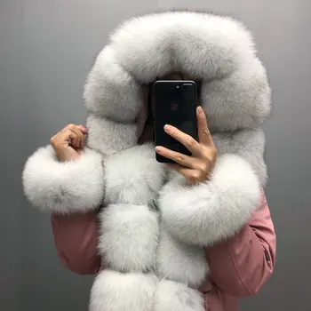 Femei jachete de iarnă Adevărată blană de Vulpe guler de blană cu glugă de blană hanorac, real iepure căptușeală de blană haină de iarnă caldă ZILNIC.YISHANG