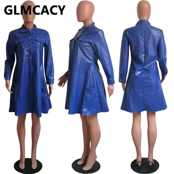 Femei Plus Dimensiune Maneca Lunga Jachetă Buzunare Design Stil Liber Mini PU Rochie