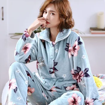 Femei Set de Pijama de Iarna Flanel Cald Pijamale plus dimensiune Sleepwear Casual Homewear Guler de Turn-down Confortabil Nightgowm