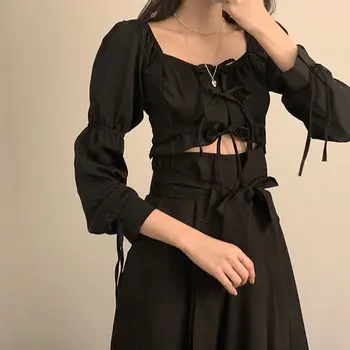 Femei Seturi Harajuku Streetwear 2 Bucata Trunchiate Topuri Piața Arcul De Guler Cordon Talie Mare Fuste Fantă Design Vintage Chic New