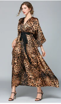 Femei Sexy Leopard Imprimate Rochie Maxi Doamnelor V Gât Maneca Lunga Rochii de Vara Pista Batwing maneca Vrac Rochie Lunga cu Centura