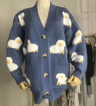 Femeii Cardigan Tricot Vrac Streetwear Tricot Pulover Haina V Gât Tricotate Cardigan Doamnelor Jacheta de Imprimare de Desene animate Drăguț Casual Oi