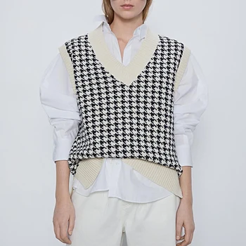 Femeile 2020 moda supradimensionate vesta tricotate pulover V neck fără mâneci houndstooth liber feminin vesta chic topuri